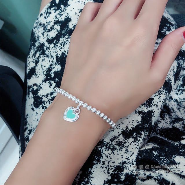 Tiffany純銀飾品 蒂芙尼女士專櫃爆款櫻花粉藍色雙心琺瑯手鏈  zgt1772